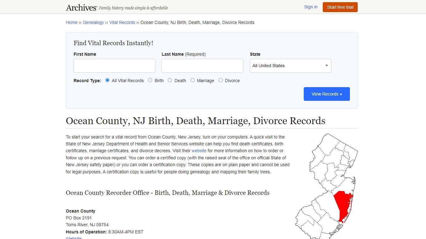 Ocean County, NJ Birth, Death, Marriage, Divorce Records