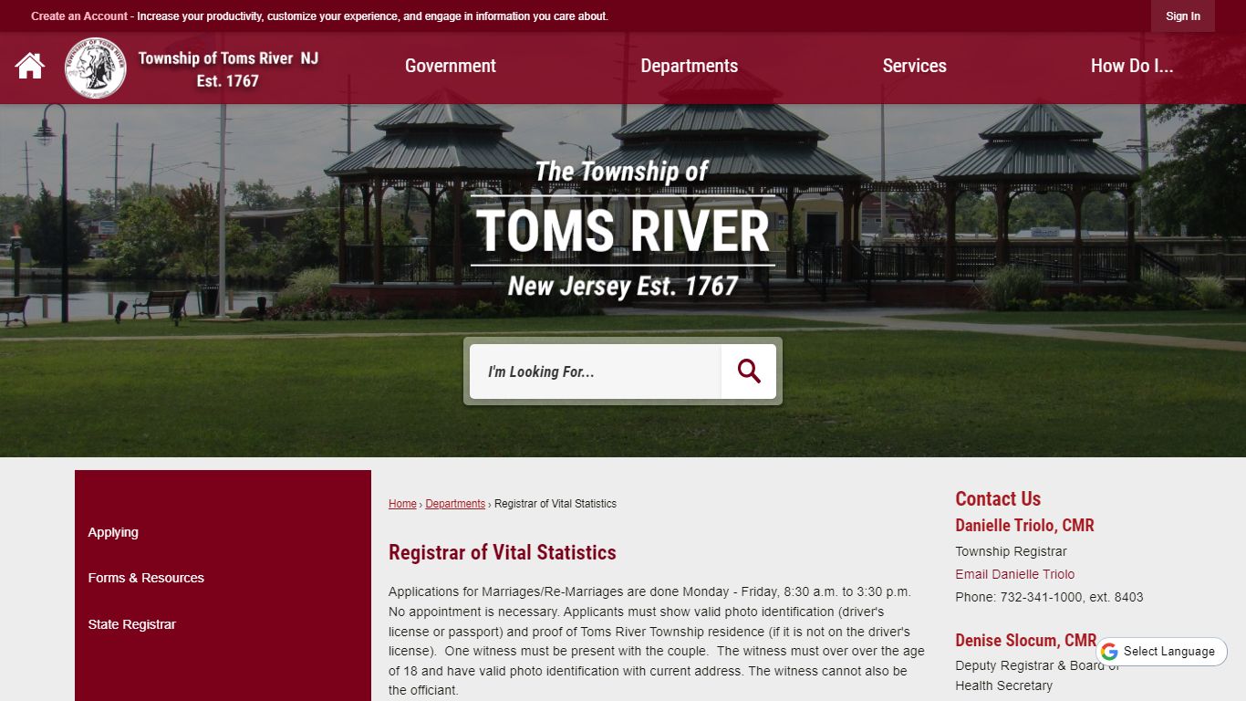 Registrar of Vital Statistics | Toms River Township, NJ