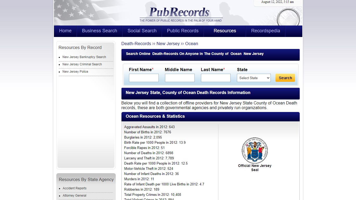 Ocean County, New Jersey Death Records