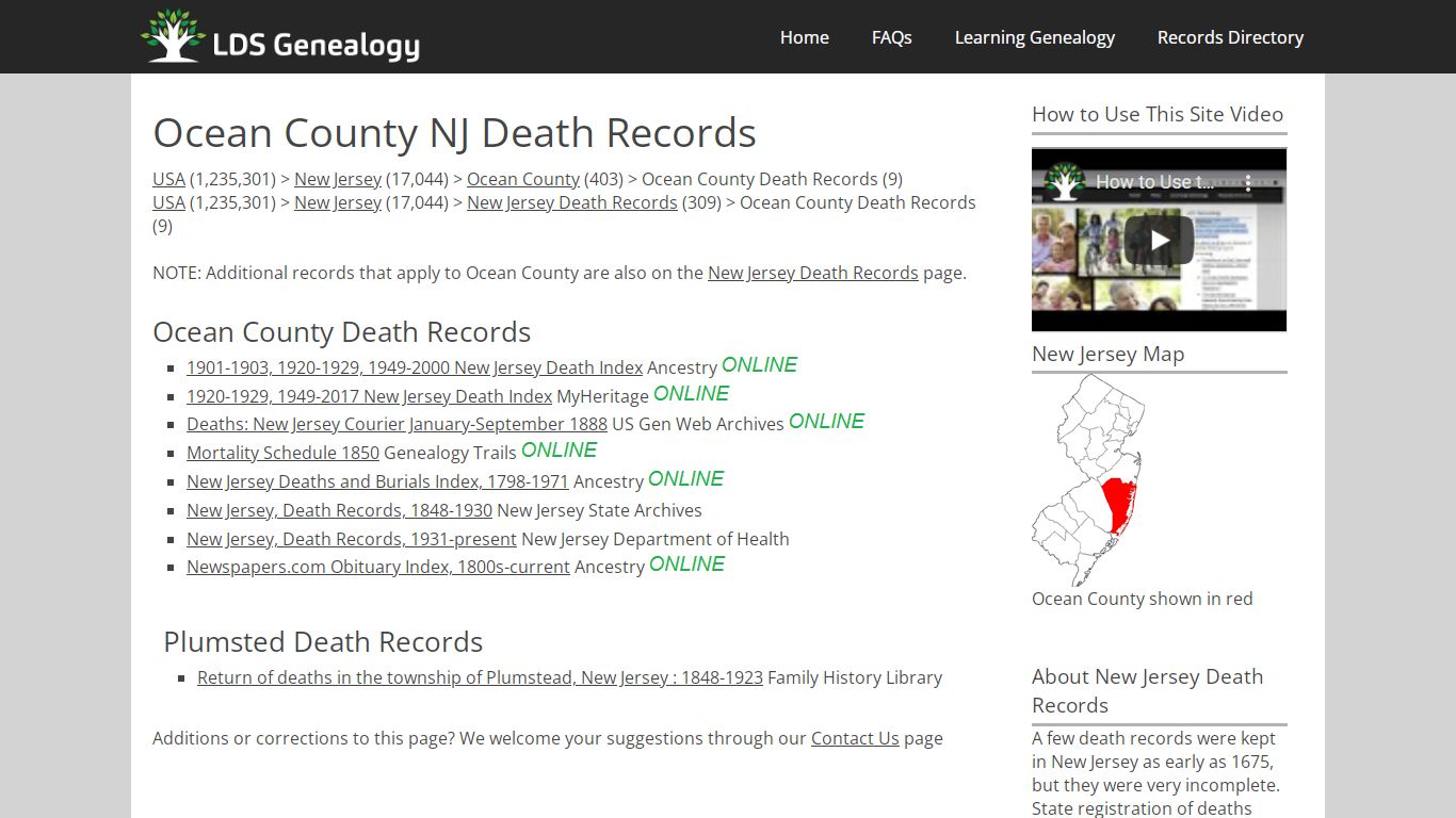 Ocean County NJ Death Records - LDS Genealogy