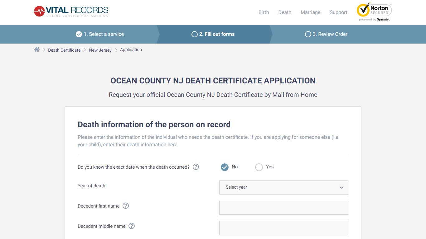 Ocean County NJ Death Certificate Application